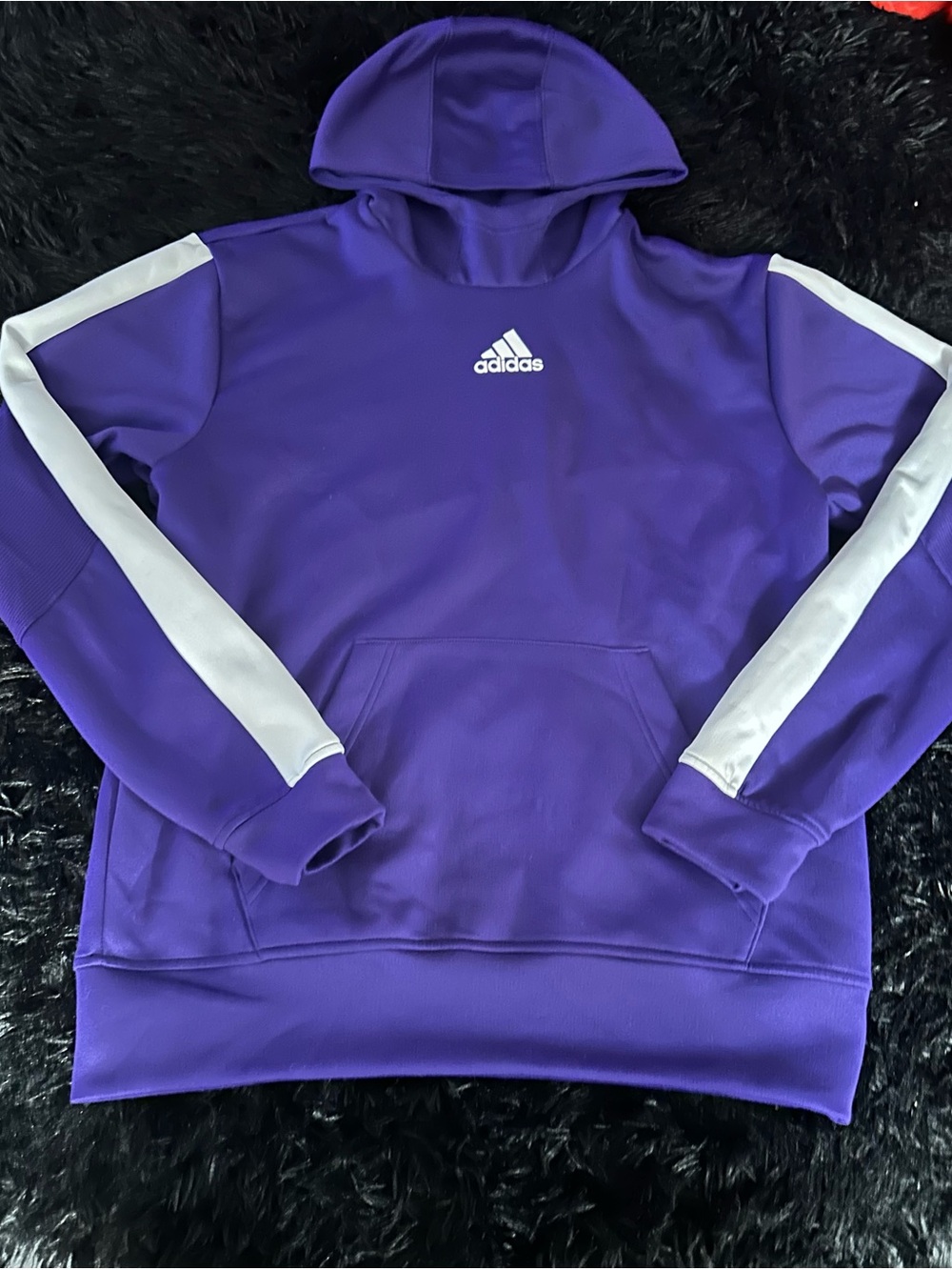 adidas Men’s Purple Crewneck Hoodie with White Sleeve Stripes